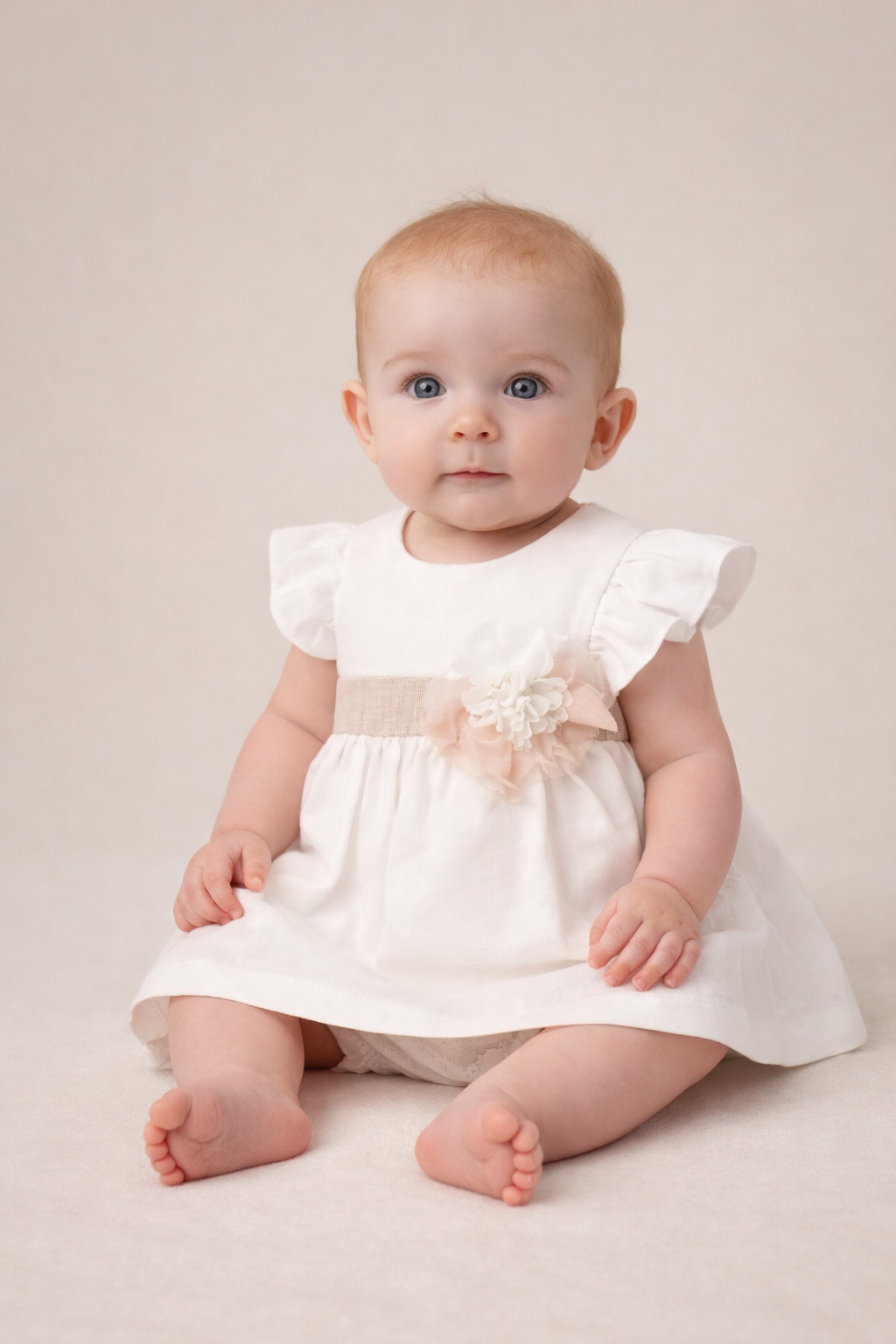Cream Linen Floral Sash Dress