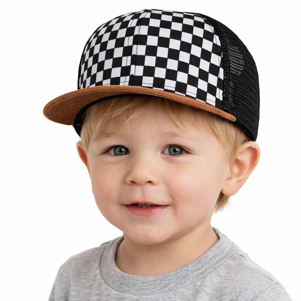 Checker Faux Flat Brim Trucker Hat