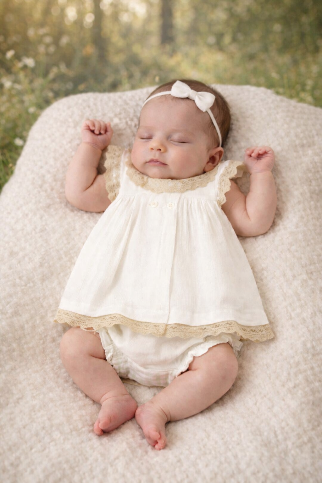 Cream Cotton Dress with Beige Trim Lace