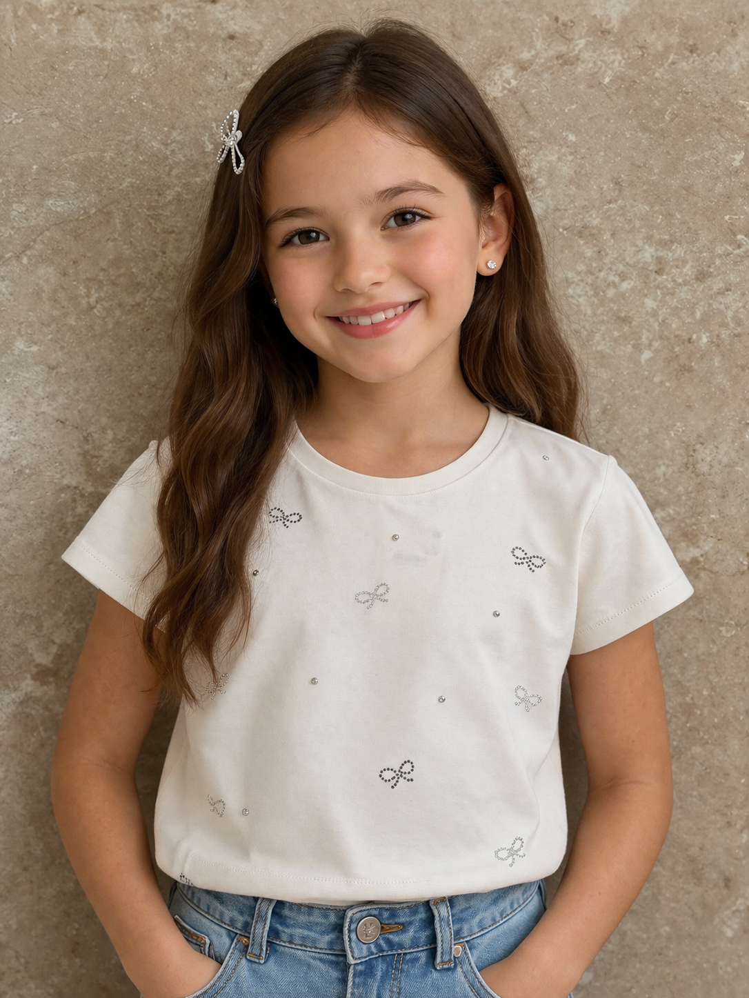 Girl Cream T-shirt with Bling Bows