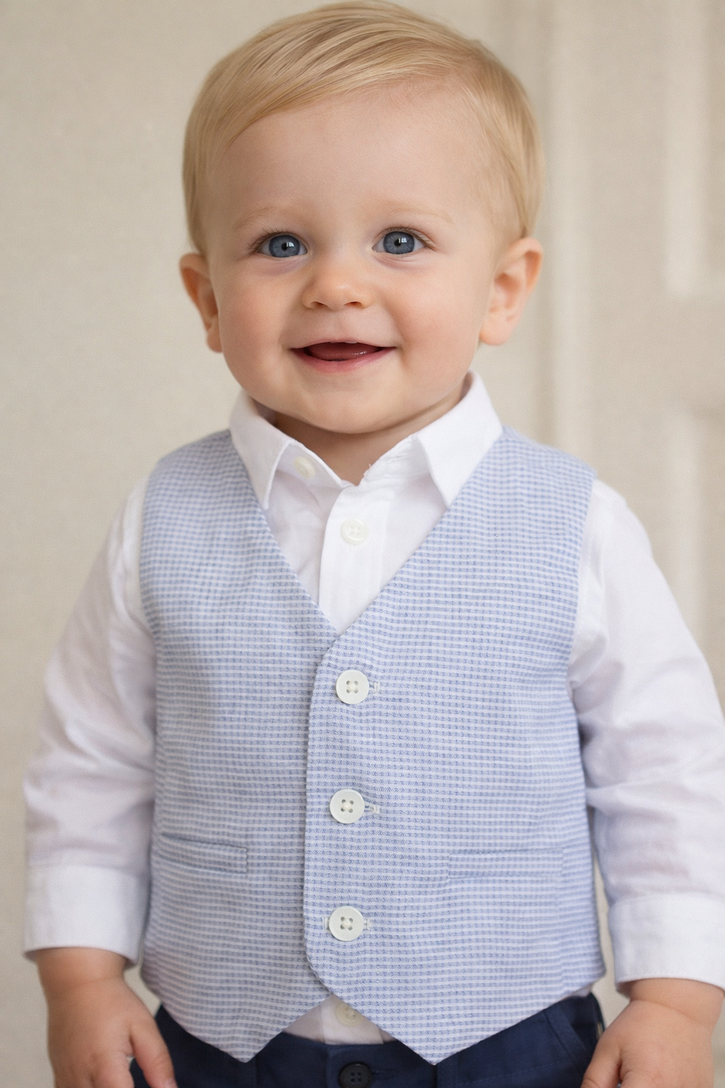 Blue Checked Linen Vest