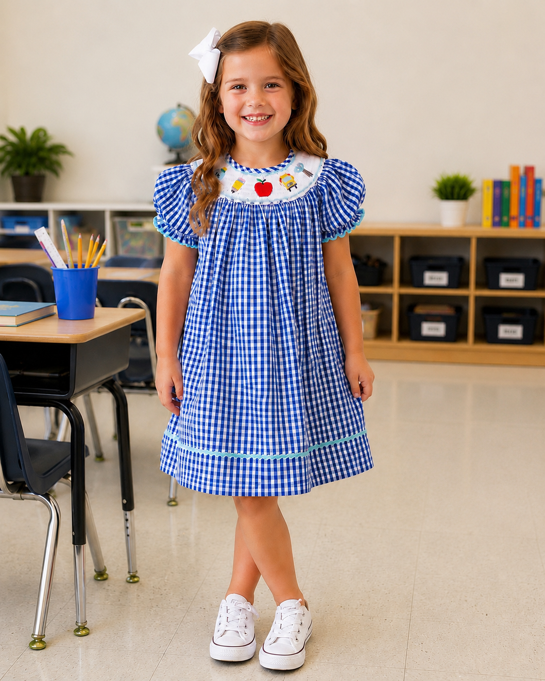 Royal Blue Gingham School Smocked Dress