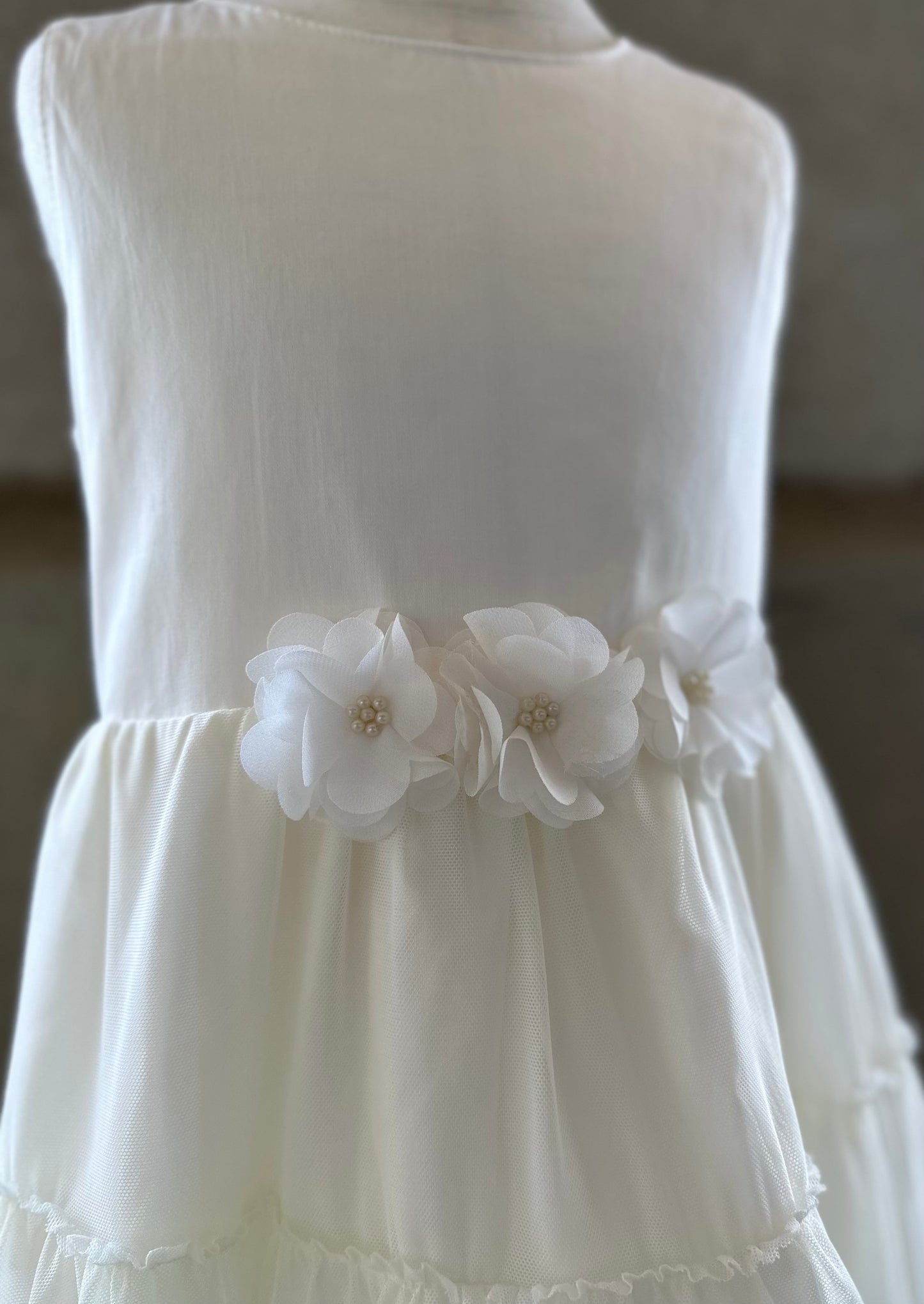 Off-White Dress W/Sheer Flowers Pearls