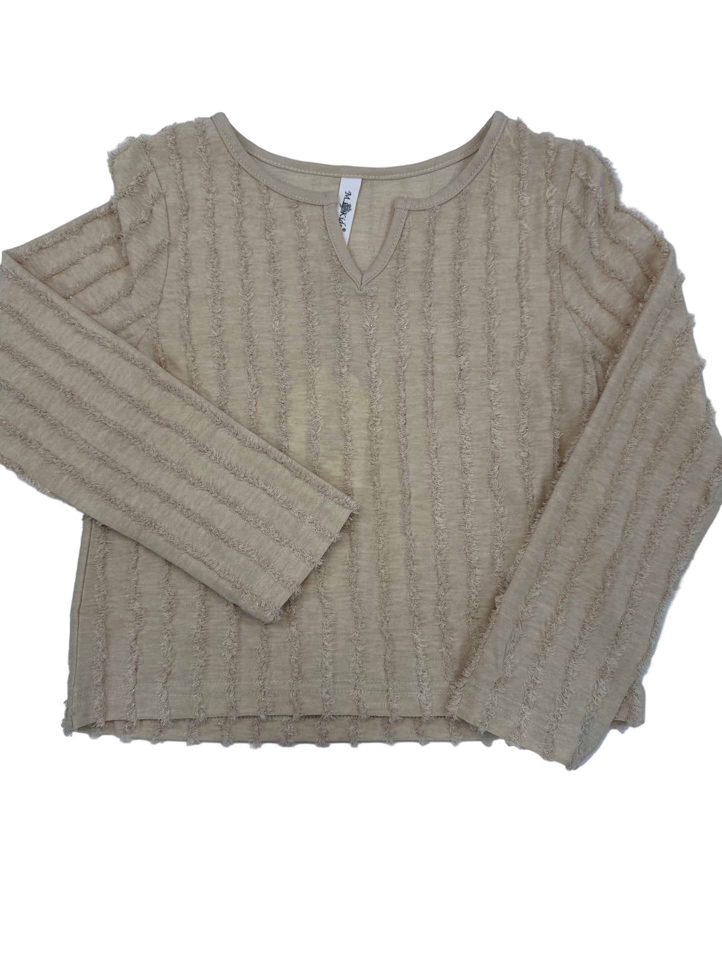 Long-sleeved Beige Top with Frayed Detail