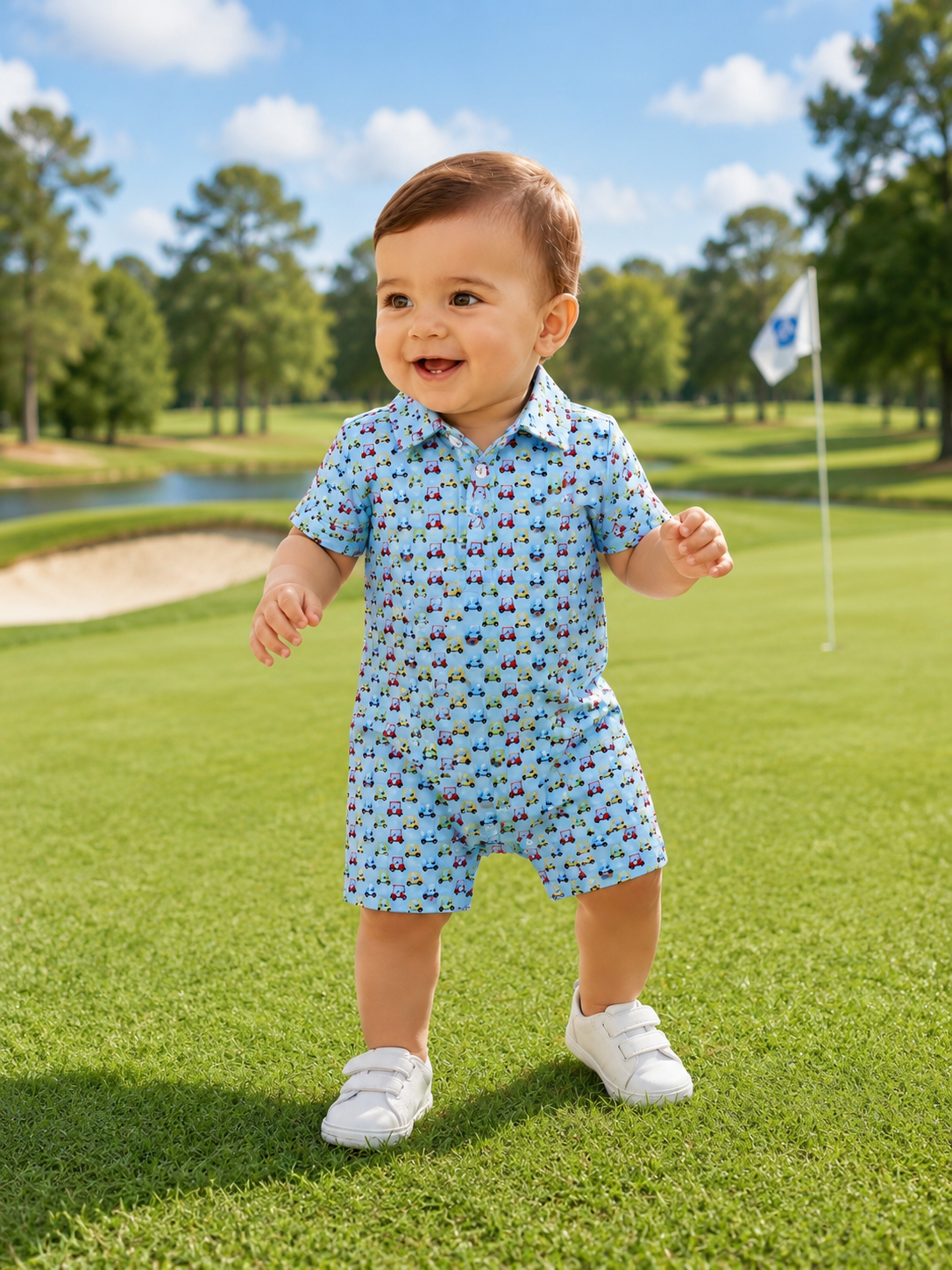 Baby in a blue romper with golf cart pattern made from performance fabric standing on a golf course