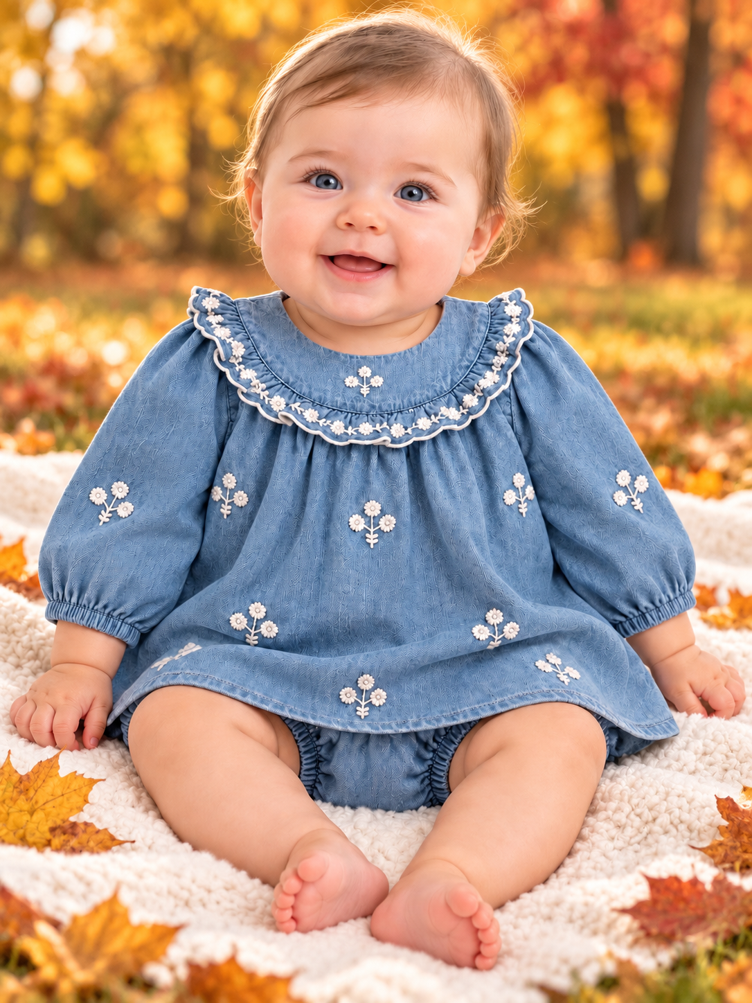 White Embroidery Flowers Denim Dress