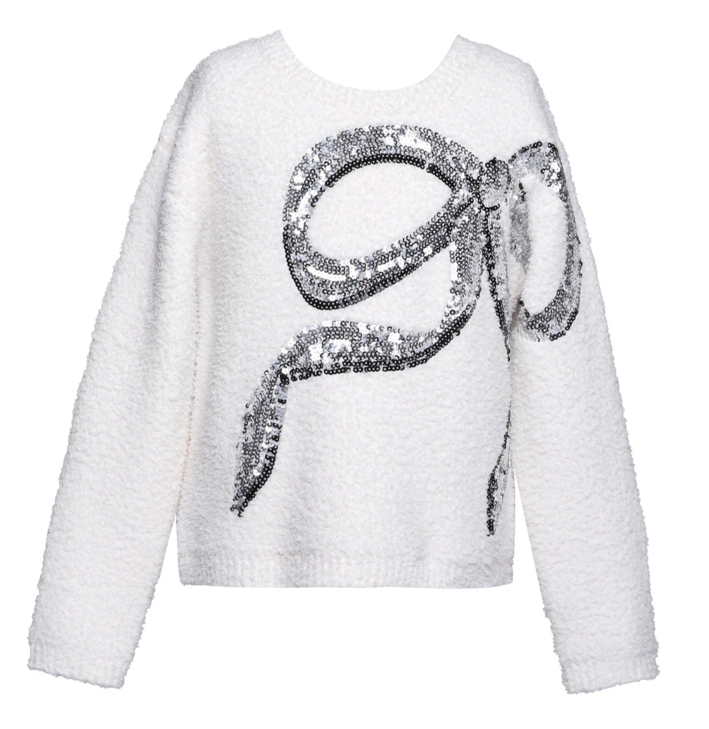 Plush Cream Sweater with Sequin Bow