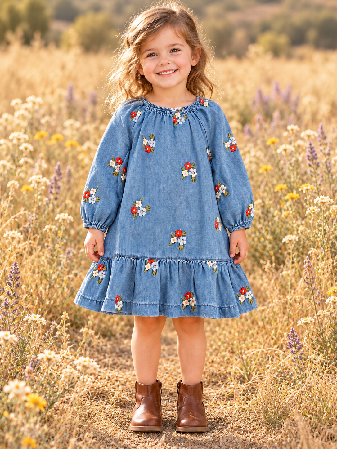 Hazel Denim Dress with Embroidery flowers
