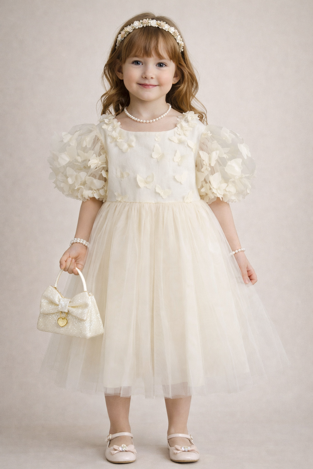 Ivory Puff Sleeve Butterfly Dress