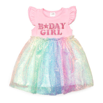 Bday Girl Patch Rainbow Sequin Dress