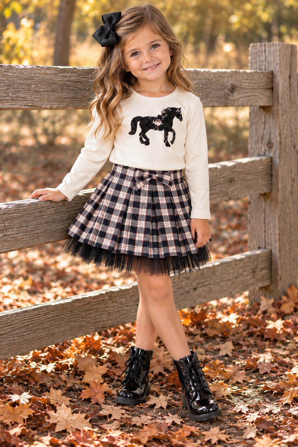 Sequin Horse Top with Plaid Tulle Skirt