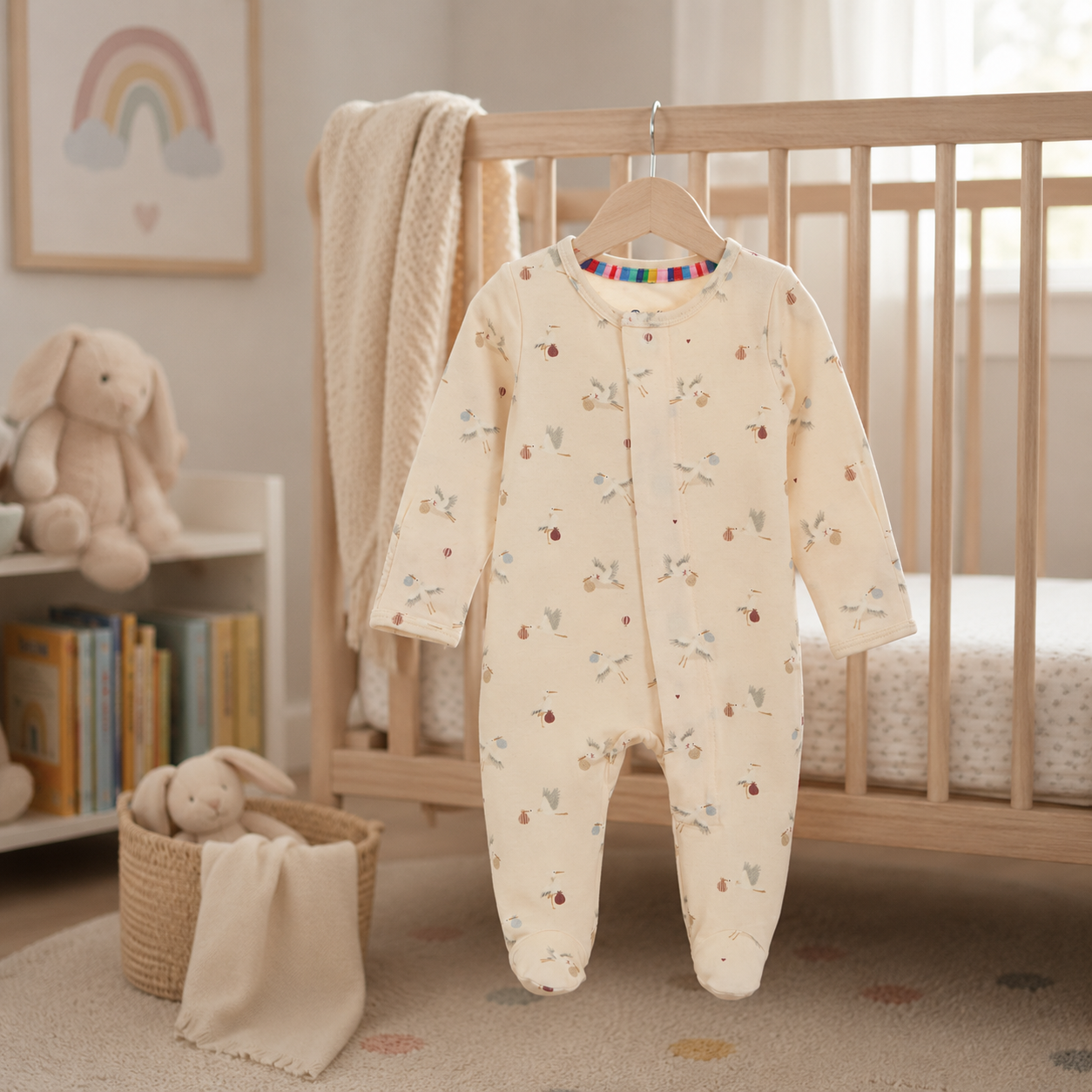 special delivery print magnetic gender neutral footie sleeper hanging in baby nursery
