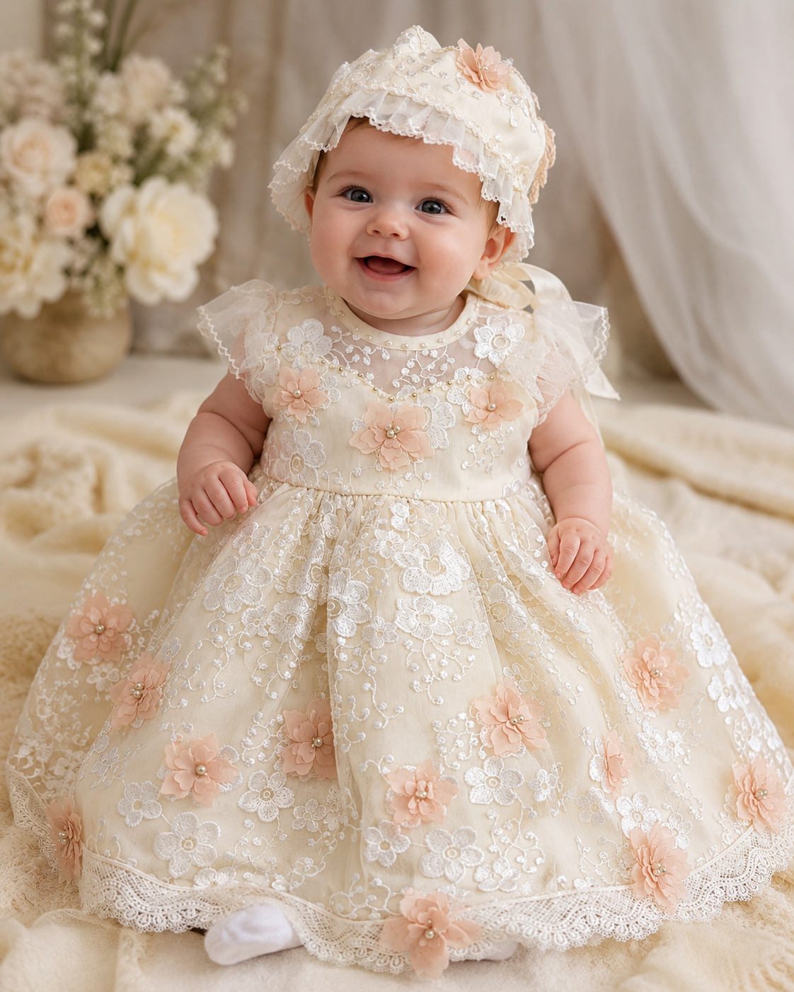 Ivory Lace Gown flower with Bonnet