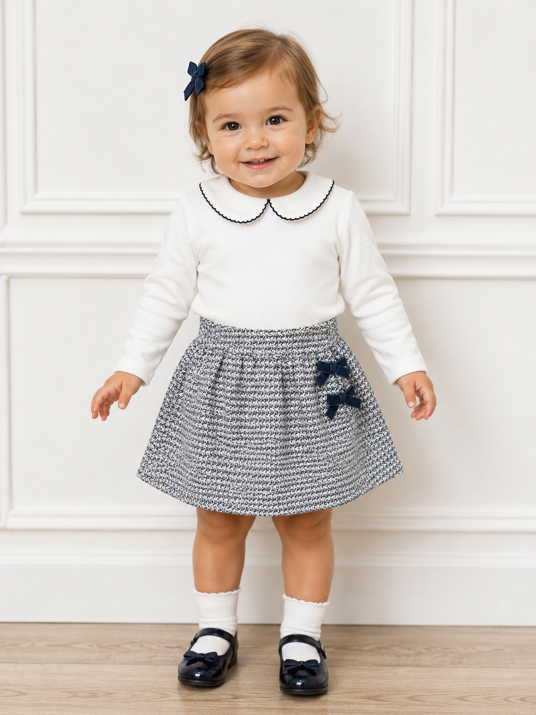 White Bodysuit w/ Navy Tweed Skirt