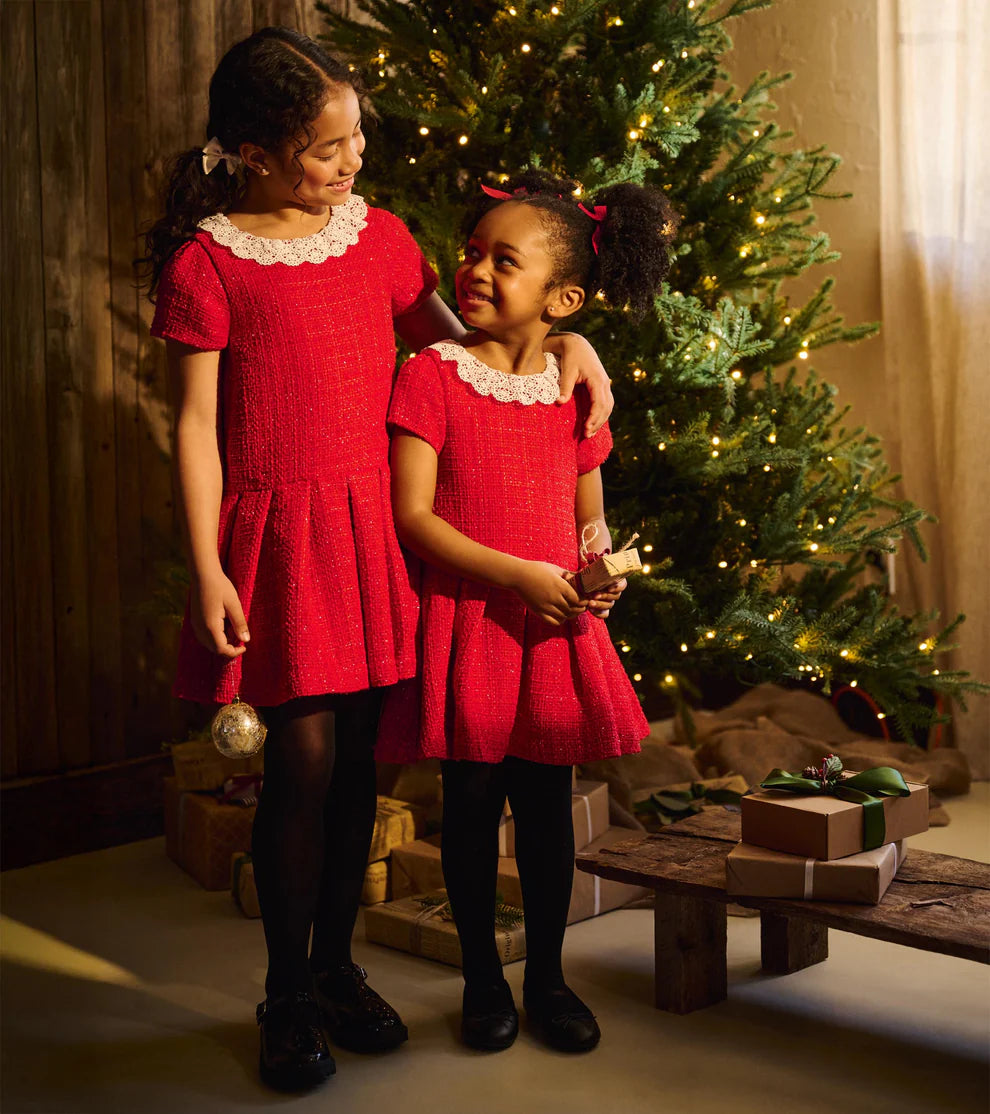 Sparkle Boucle Pleated Lace Collor Dress