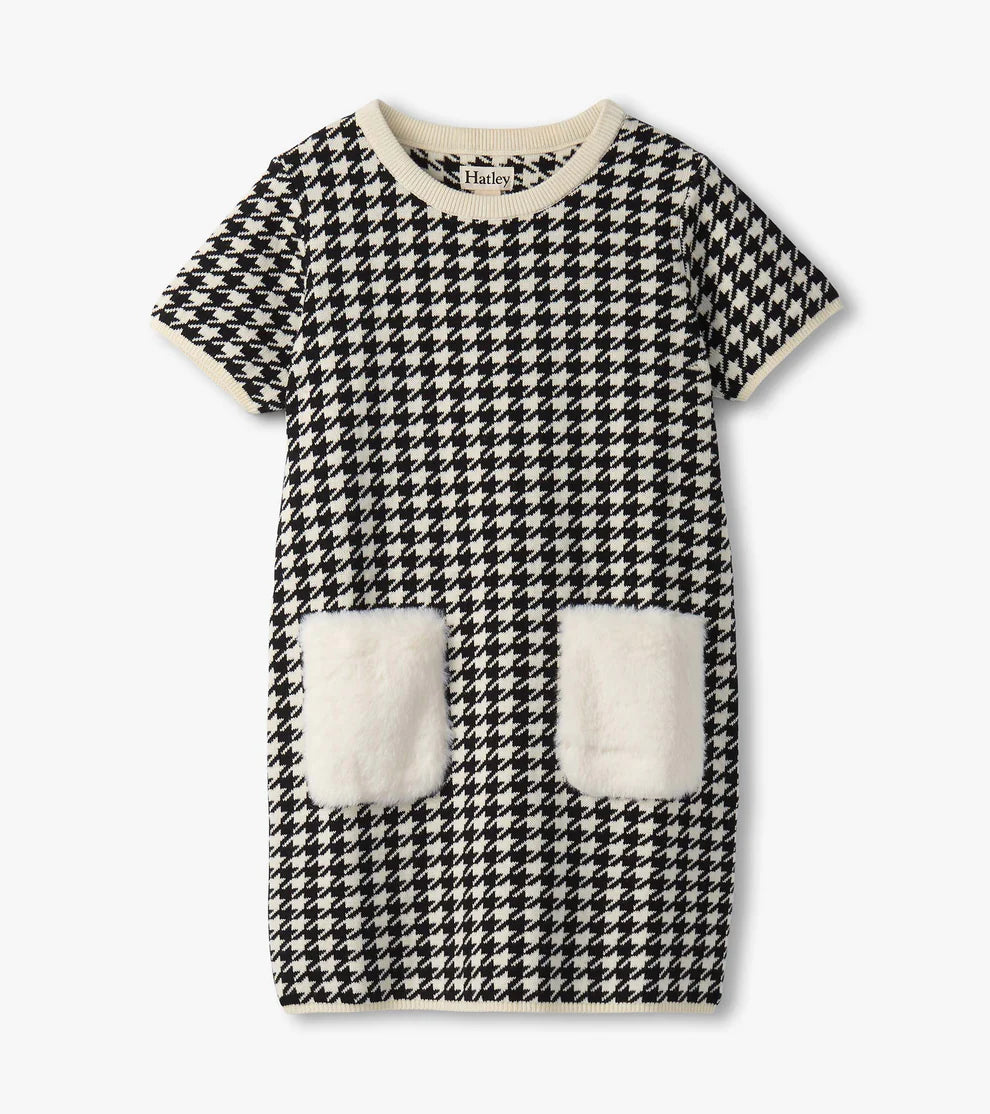 Houndstooth Sweater Dress with Faux Fur Pockets