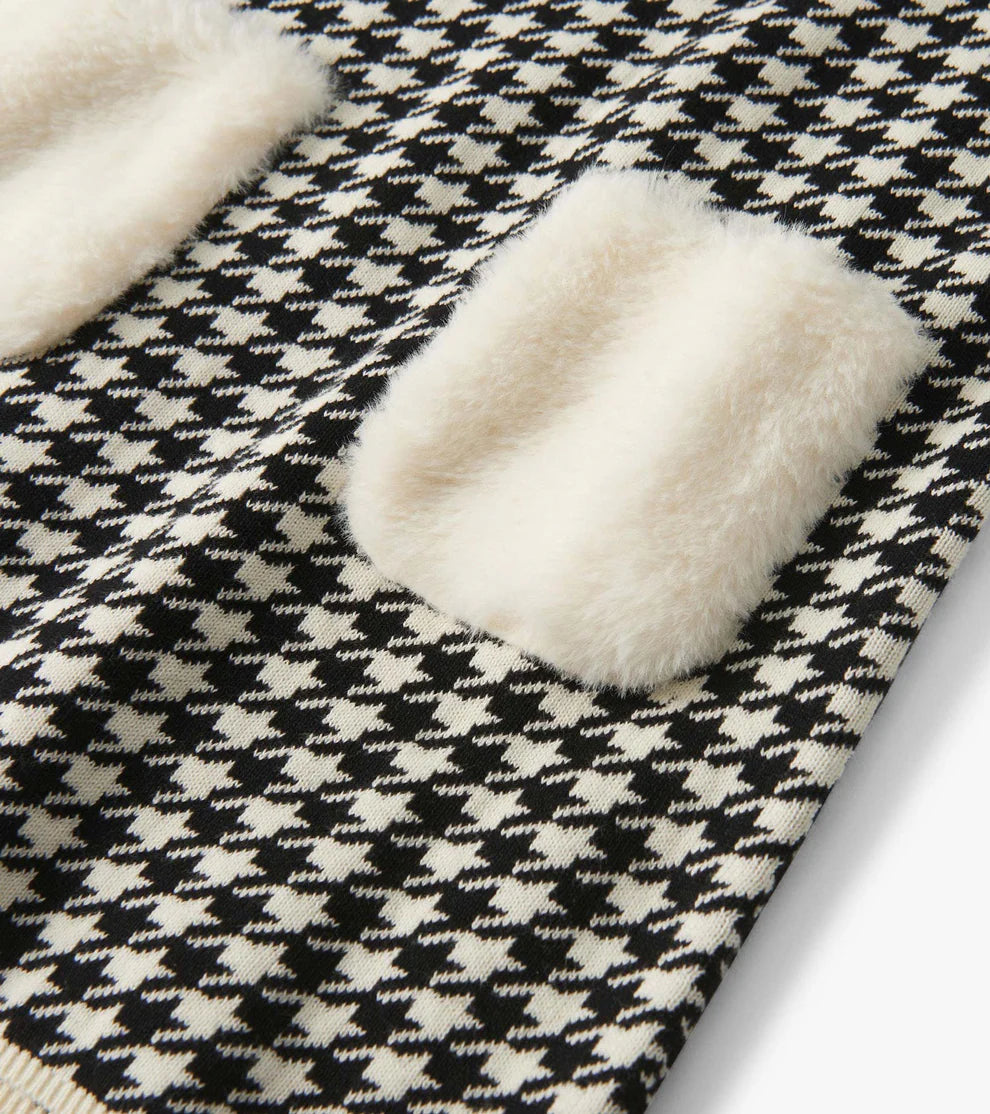 Houndstooth Sweater Dress with Faux Fur Pockets