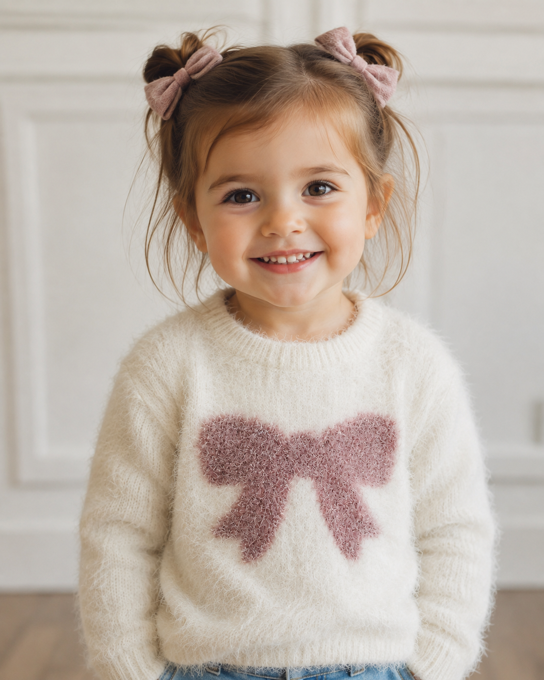 Gardenia Pink Bow Fuzzy Sweater