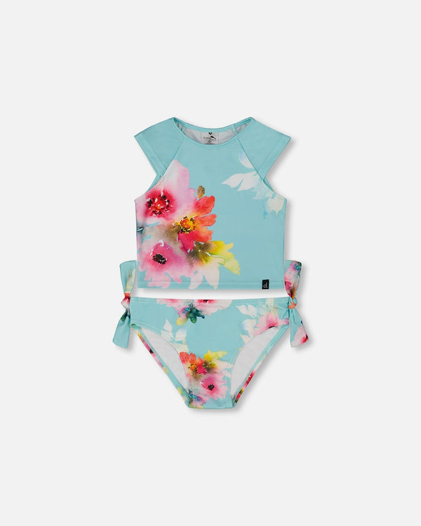 Turquoise Pink Flowers 2pc Swimsuit