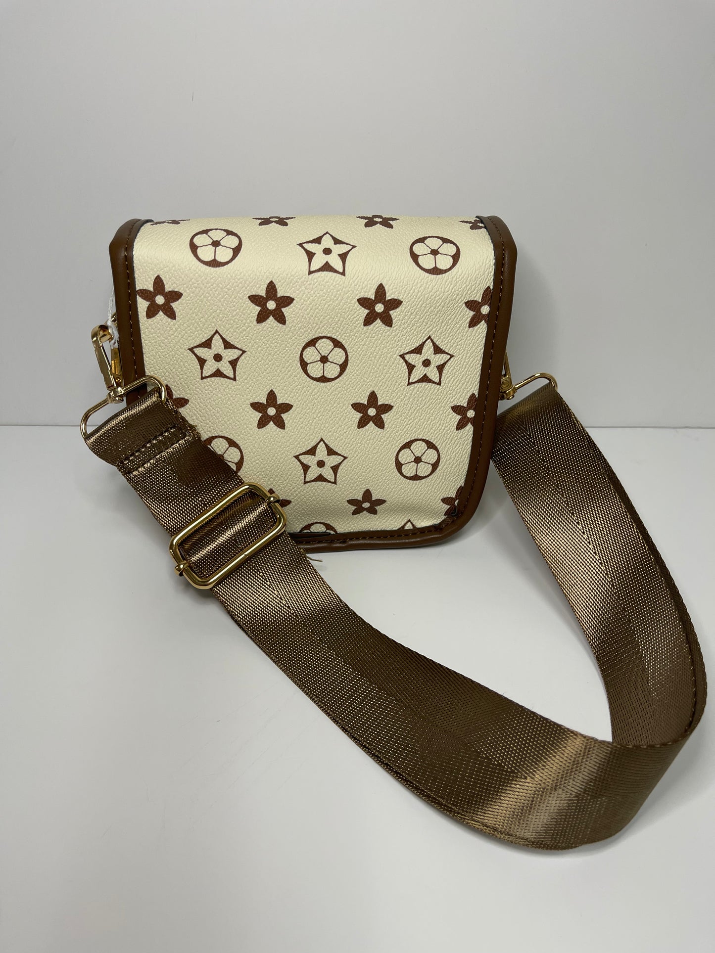 White and Brown Wide Strap Bag