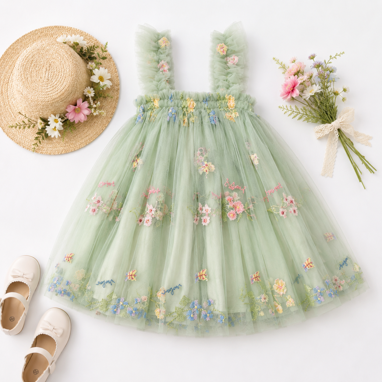 Embroidery Tulle Dress Green