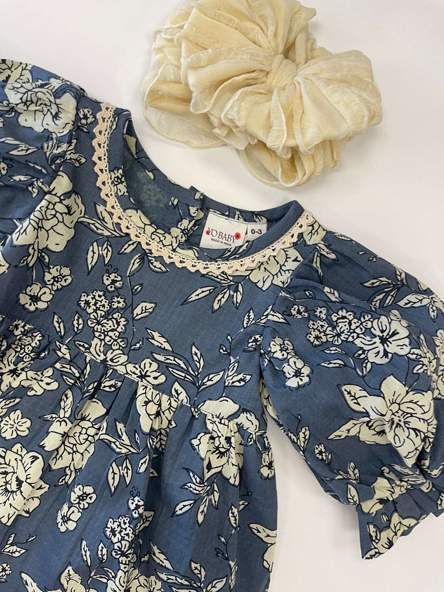 Slate Blue Floral Dress W/Puff Sleeve