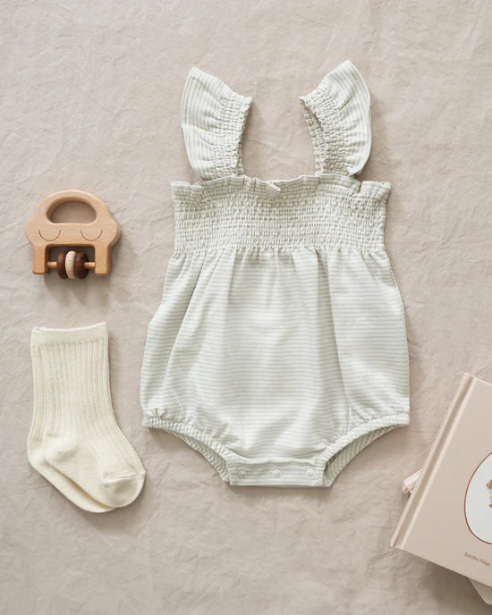 Sky Micro Stripe Smocked Ruffle Romper