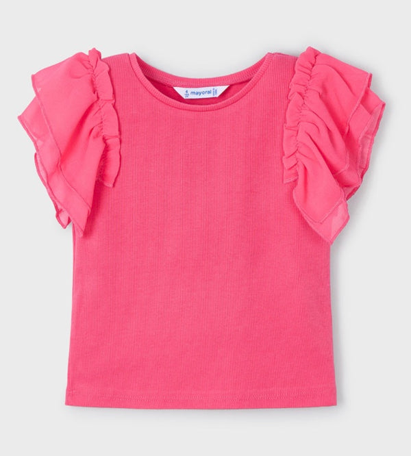 3013 Coral Ribbed Ruffle Sleeve