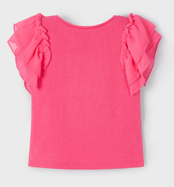 3013 Coral Ribbed Ruffle Sleeve