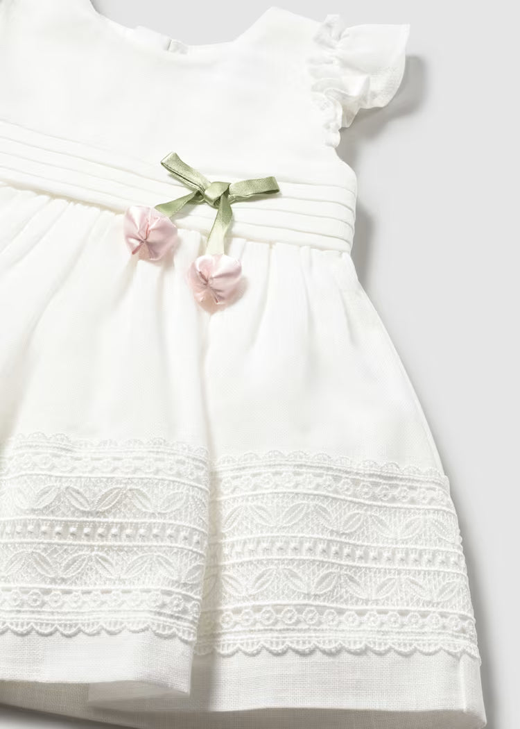 Ecru Linen Dress with Pink Flower