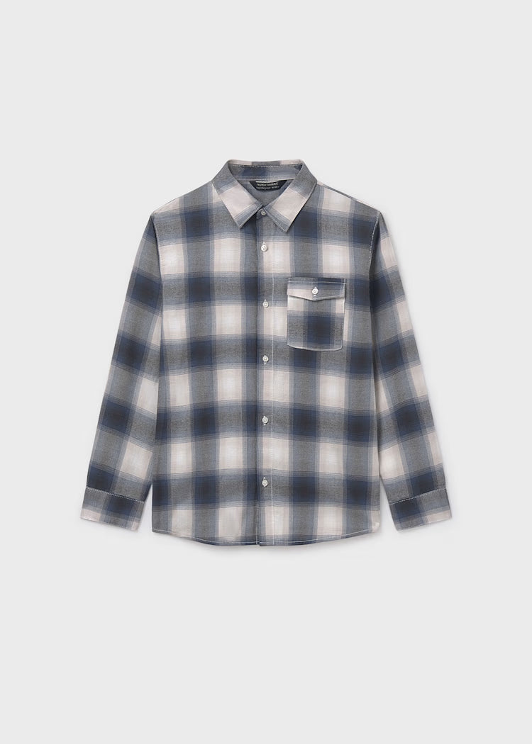 Grey Steel Blue Plaid Flannel Shirt