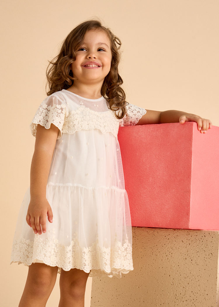 3909 Cream Embroidered Tulle Dress