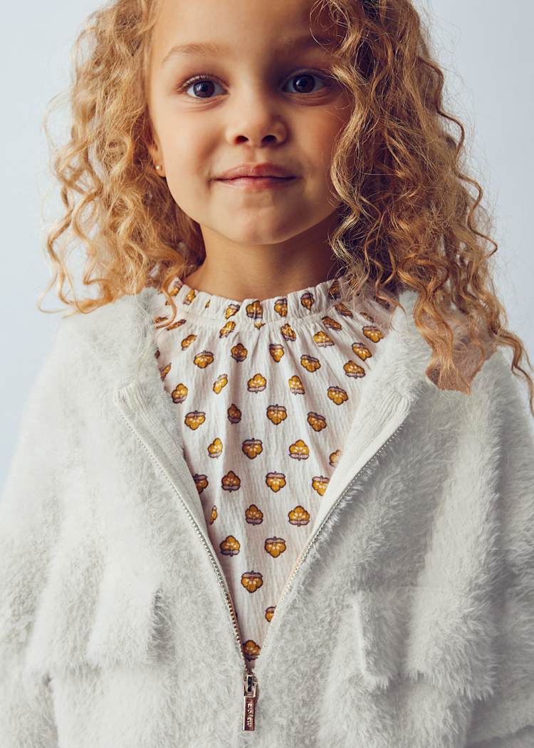 Almond Furry Knit Zip Up Sweater
