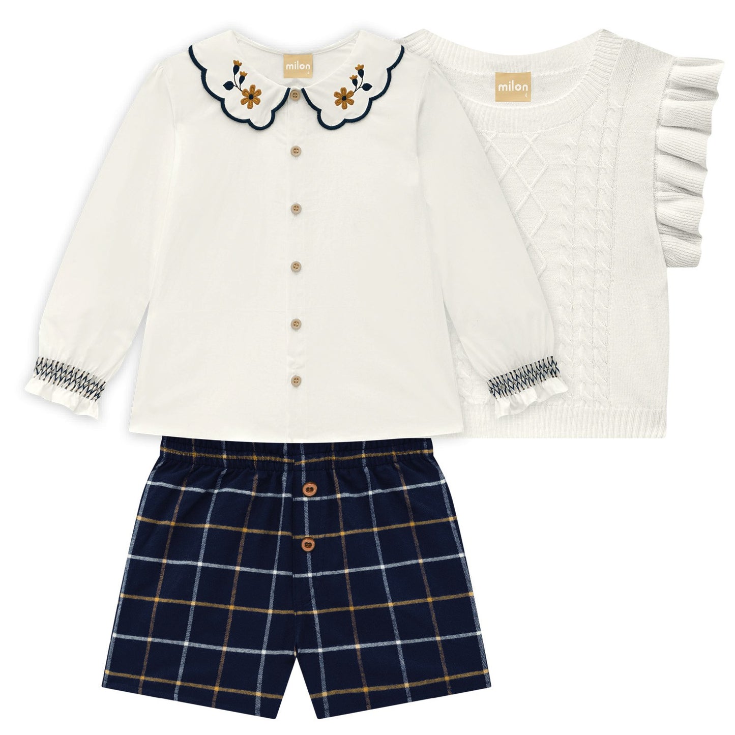 Embroidery Blouse Navy Fall Short Set