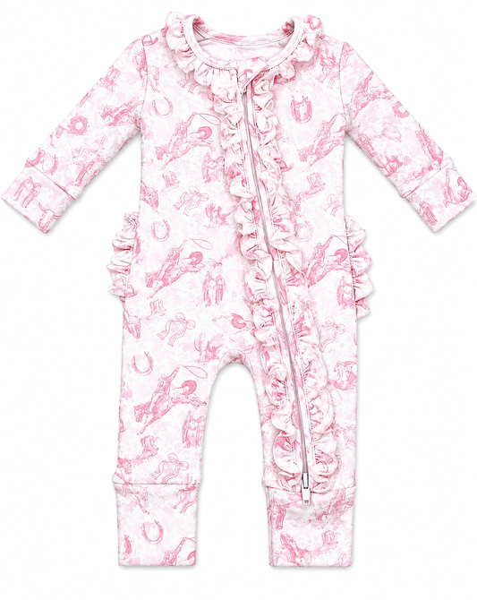 baby girl pink western print sleeper footie made from bamboo fabric 