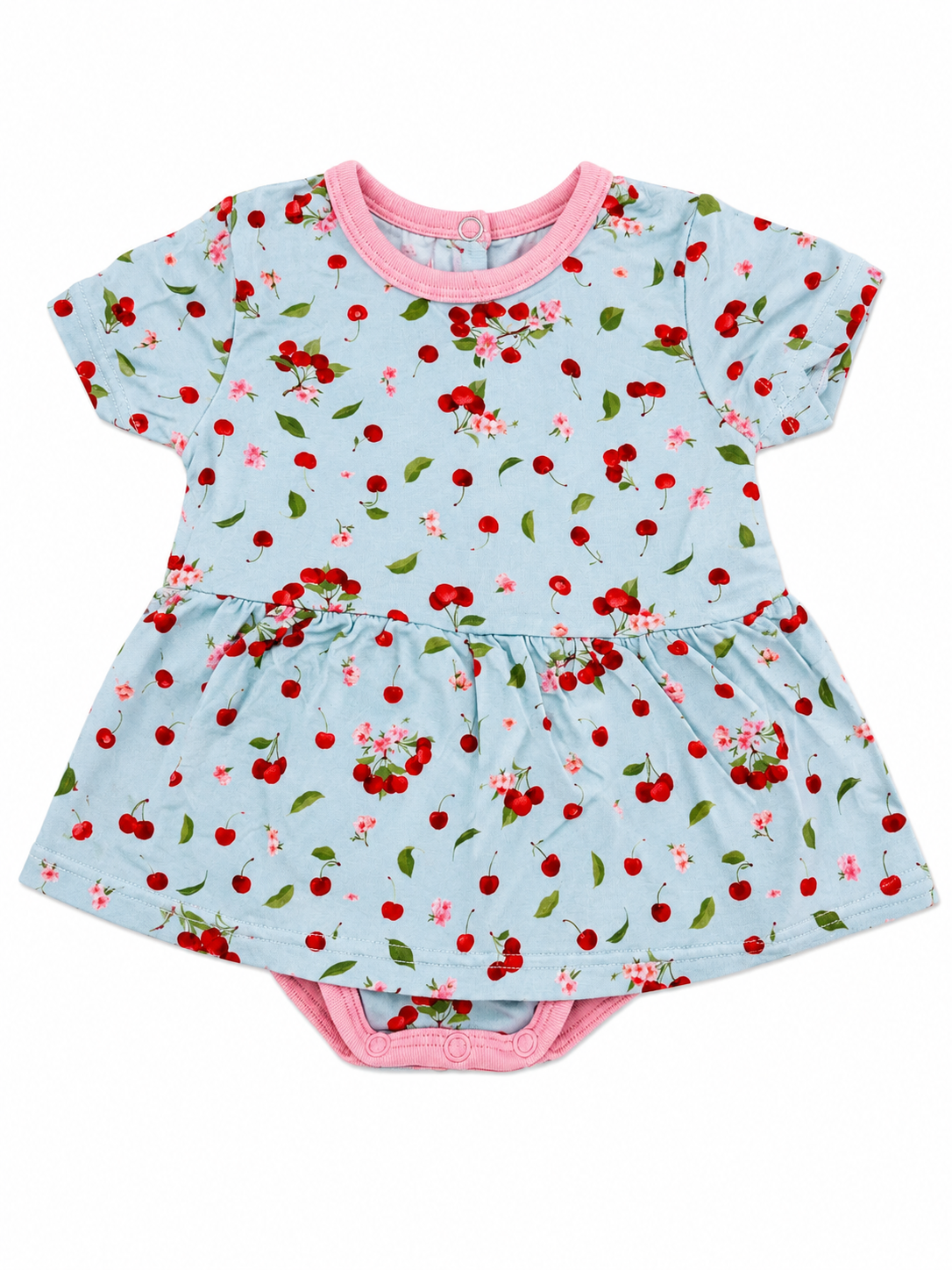 Baby dress with cherry pattern on a light blue background bamboo fabric