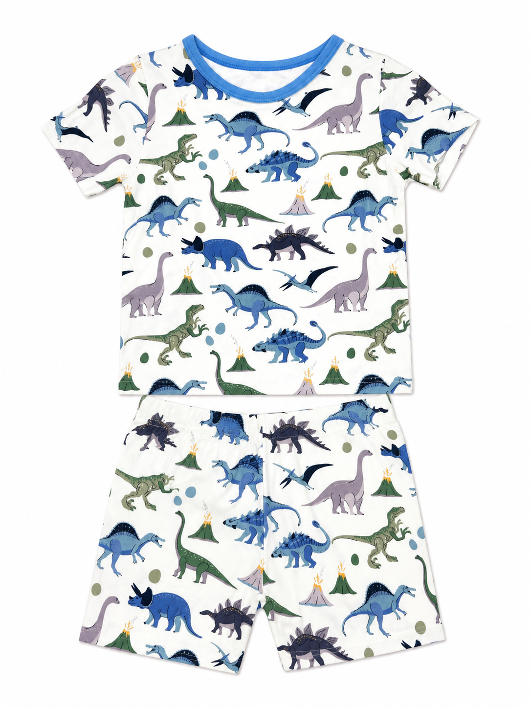 Children's pajama set with dinosaur pattern made from bamboo fabric on a white background