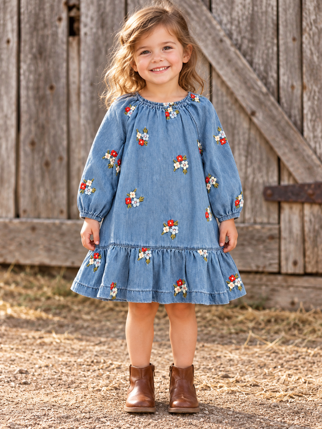 Hazel Denim Dress with Embroidery flowers