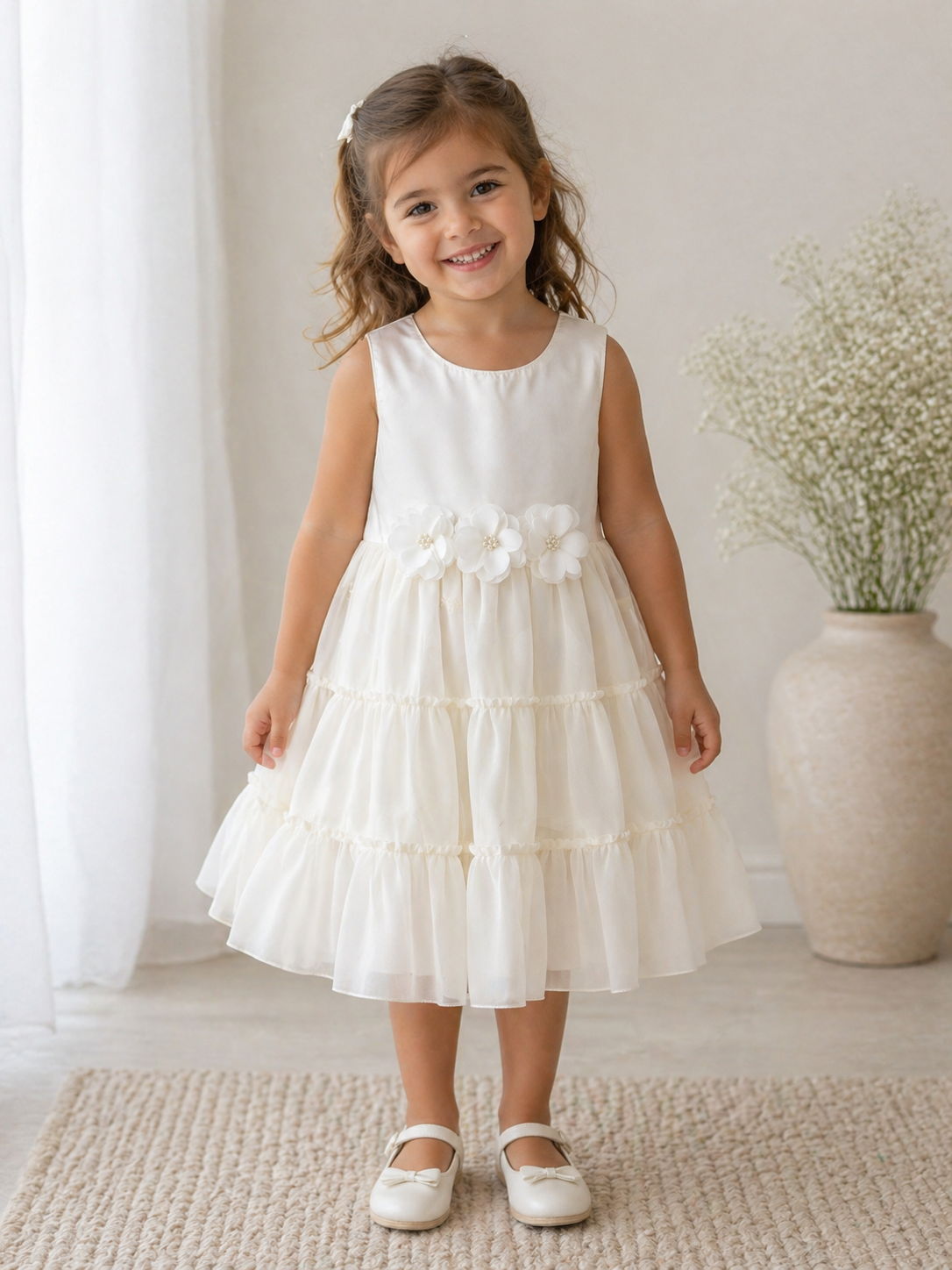 Off-White Dress W/Sheer Flowers Pearls