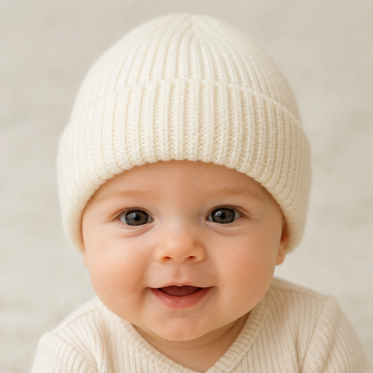 A close-up of a smiling baby wearing a cream ribbed knit beanie and matching cream ribbed knit top against a soft neutral background.