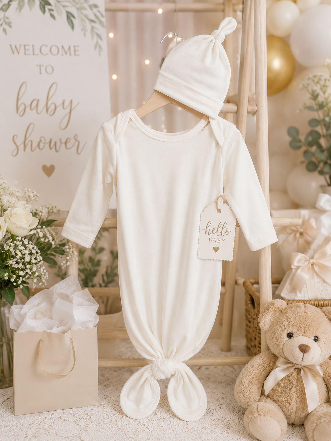 natural layette knot gown and hat display at baby shower 