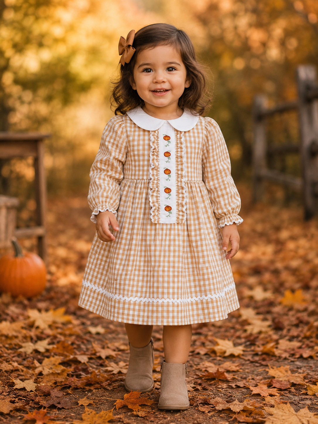 Light Brown Gingham Pumpkin Vine Dress