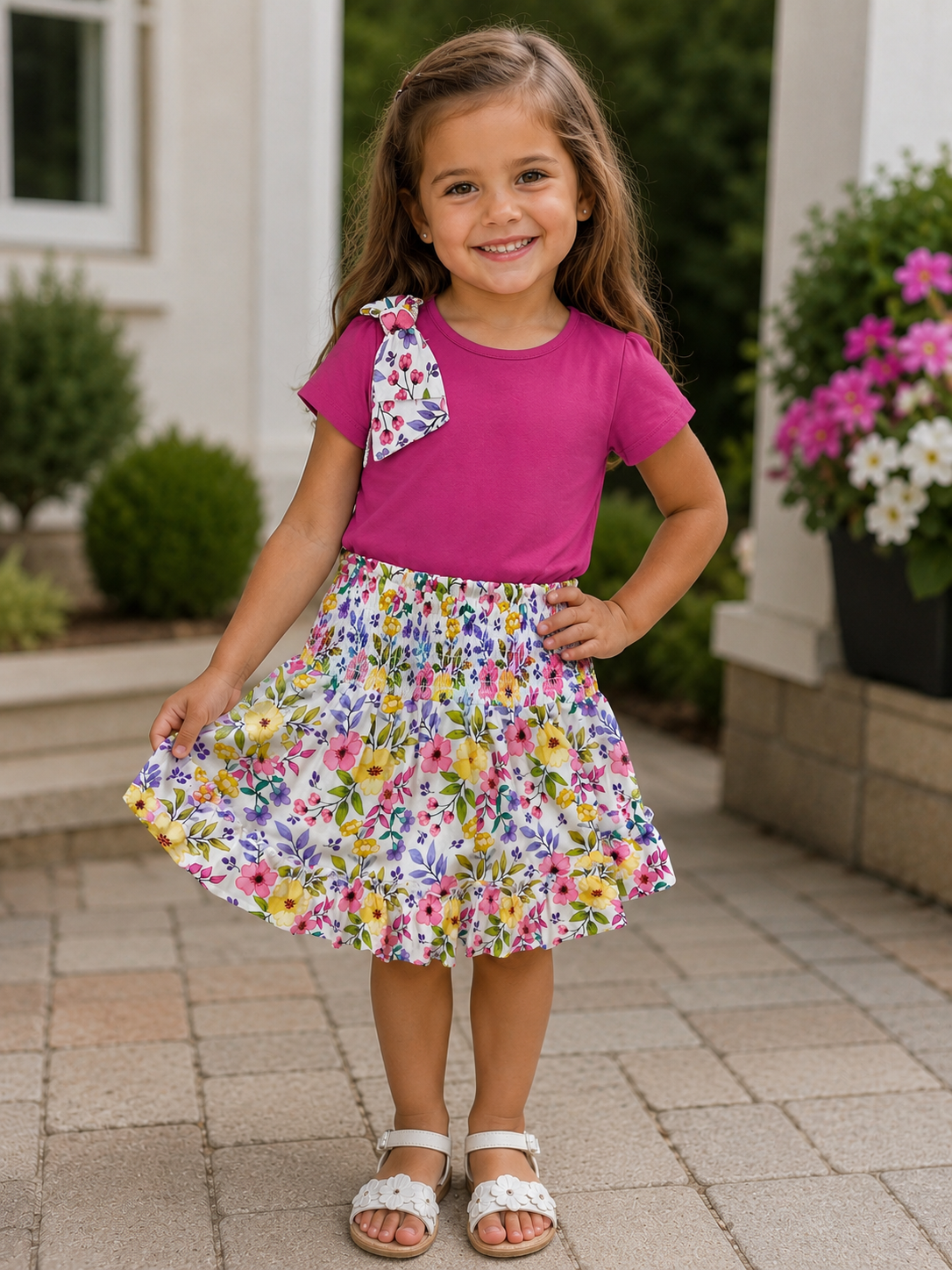 Fuchsia Top with Floral Pattern Bow