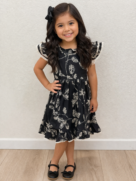 Black and Beige Speckled Floral Dress