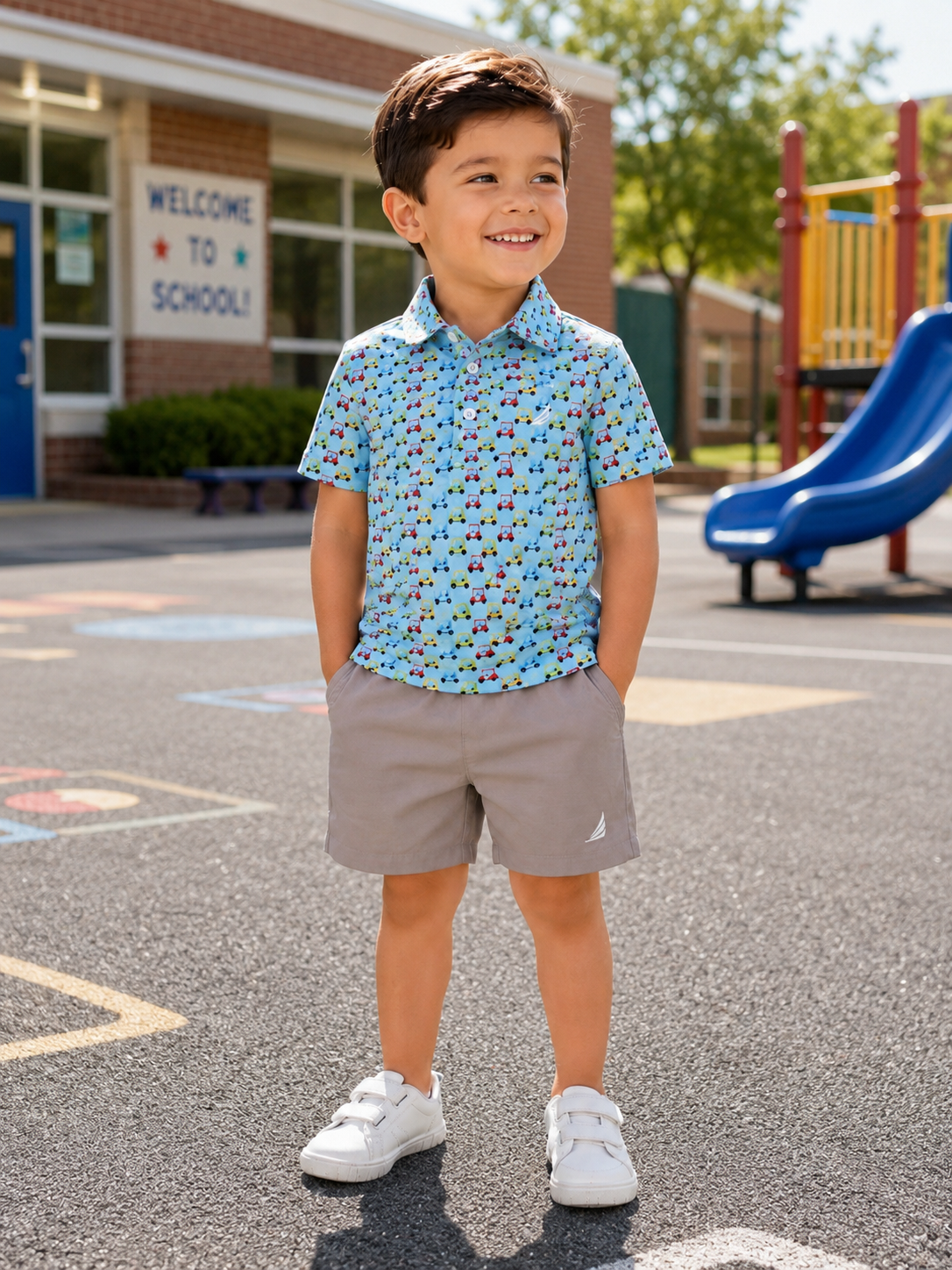 Young boy standing on a school playground wearing a golf pattern shirt and khaki shorts. Comfy performance fabric