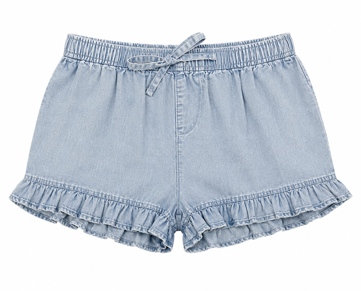 tween girls' light denim short ruffle hem soft Tencel fabric school or summer vacation 