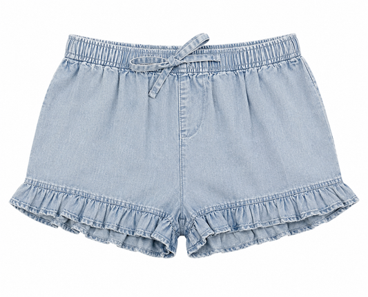 tween girls' light denim short ruffle hem soft Tencel fabric school or summer vacation 