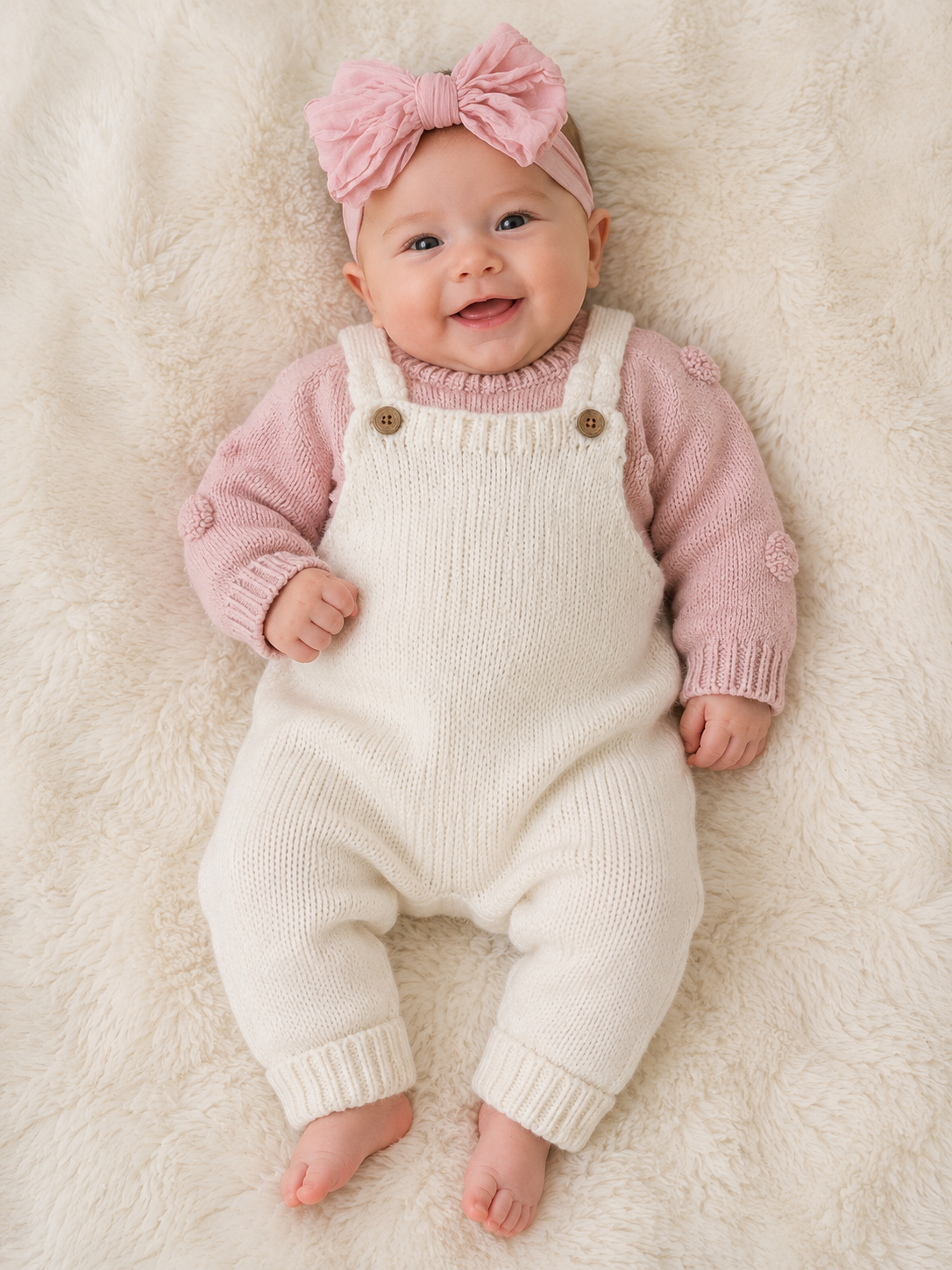 A smiling baby lying on a soft cream faux-fur surface, wearing a pink knit long-sleeve top, cream knit overalls with brown buttons, a pink bow headband, and bare feet.