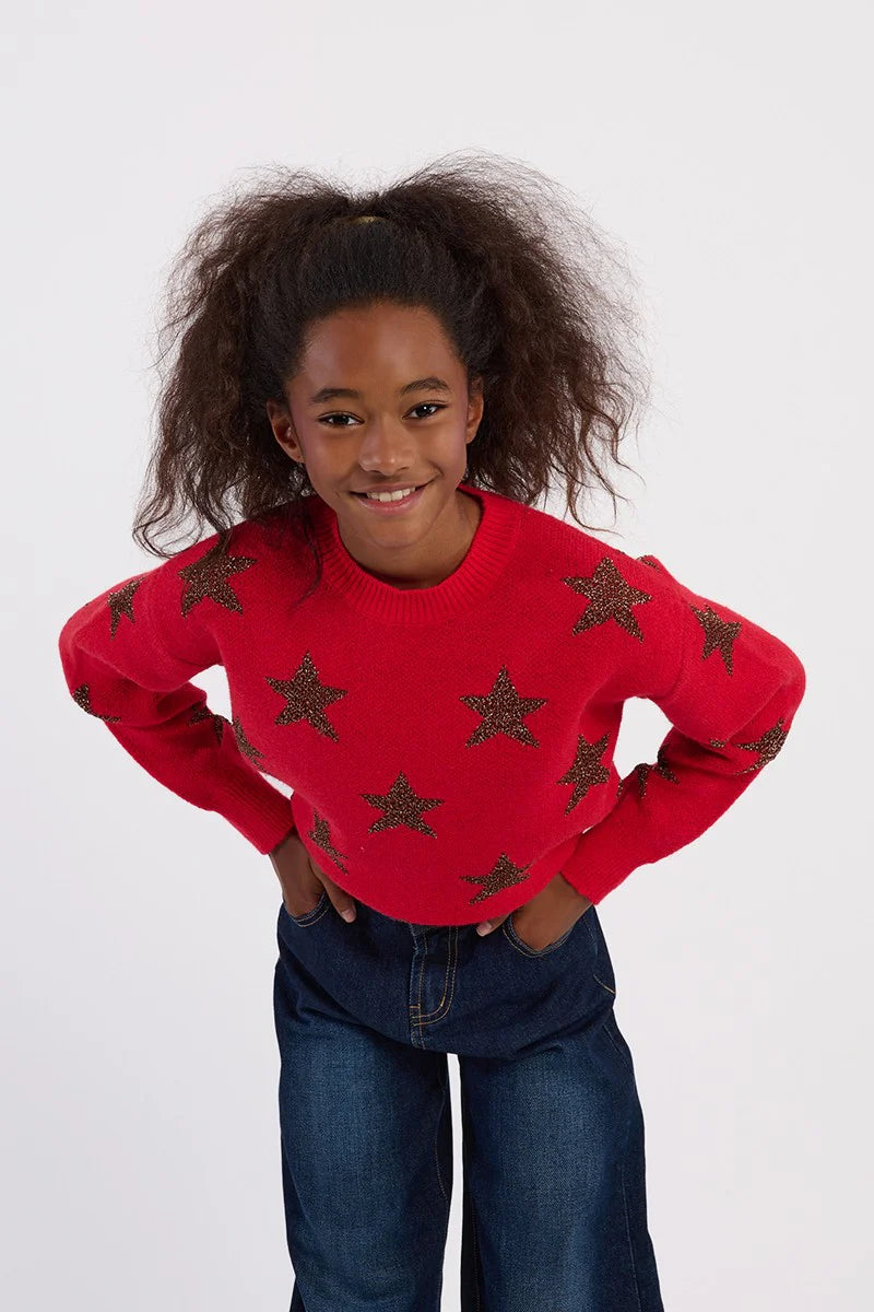 Red Coral Sweater with Metallic Stars