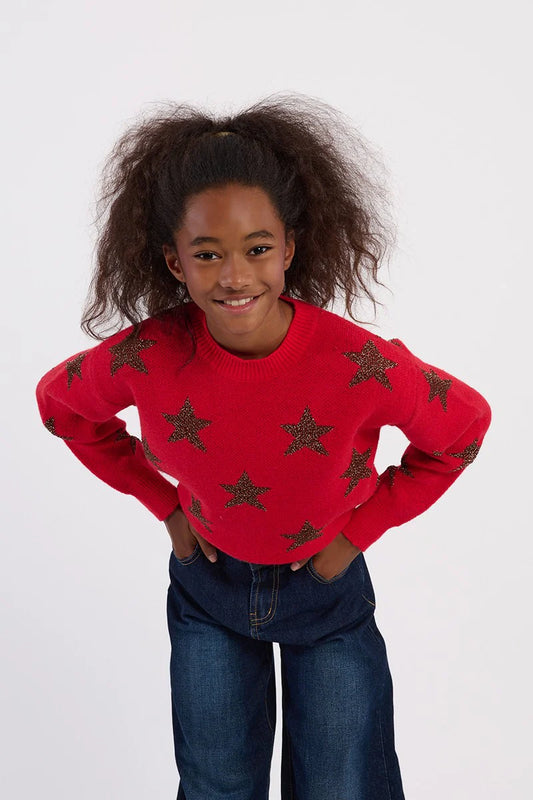Red Coral Sweater with Metallic Stars